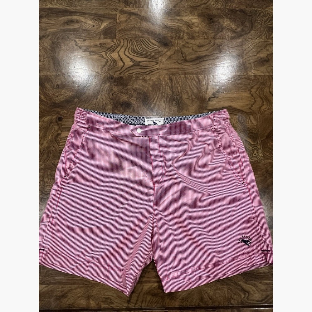 Ted Baker Swim Trunks Mens 5 XL Red White Seersucker Stripe Lobster Excellent